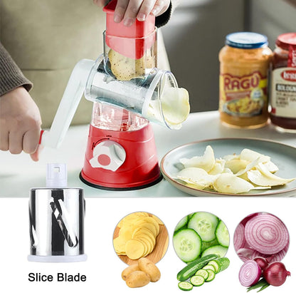 Manual Rotary Cheese Grater Round Vegetable Potato Carrot 3 Interchangeable Cheese Grater Mandoline Slicer with Power Suction Base "Blue"