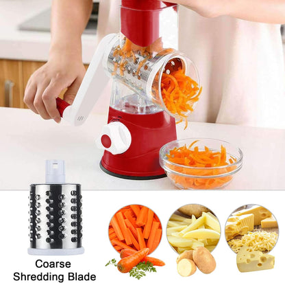 Manual Rotary Cheese Grater Round Vegetable Potato Carrot 3 Interchangeable Cheese Grater Mandoline Slicer with Power Suction Base "Blue"