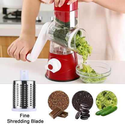 Manual Rotary Cheese Grater Round Vegetable Potato Carrot 3 Interchangeable Cheese Grater Mandoline Slicer with Power Suction Base "Blue"