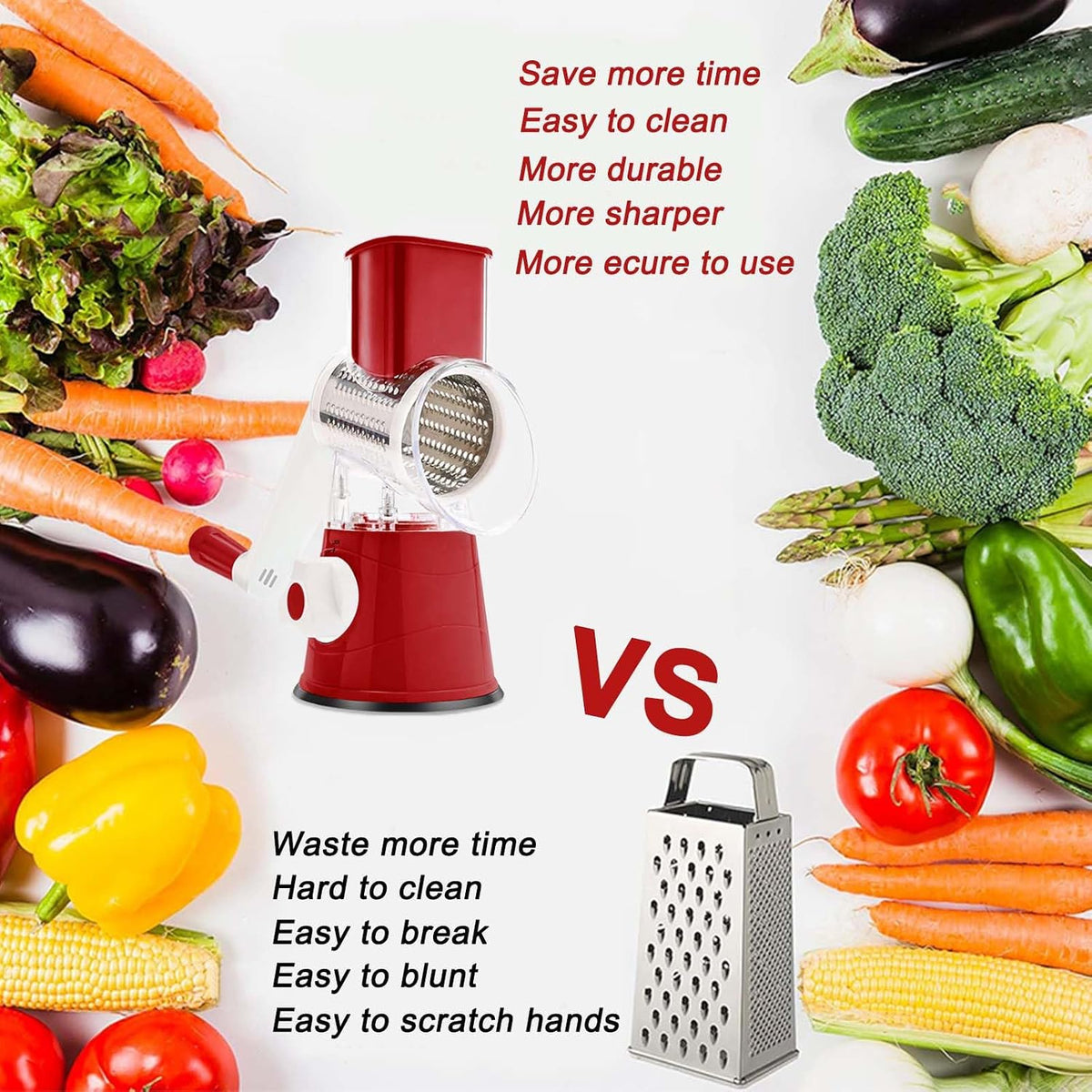 Manual Rotary Cheese Grater Round Vegetable Potato Carrot 3 Interchangeable Cheese Grater Mandoline Slicer with Power Suction Base "Blue"