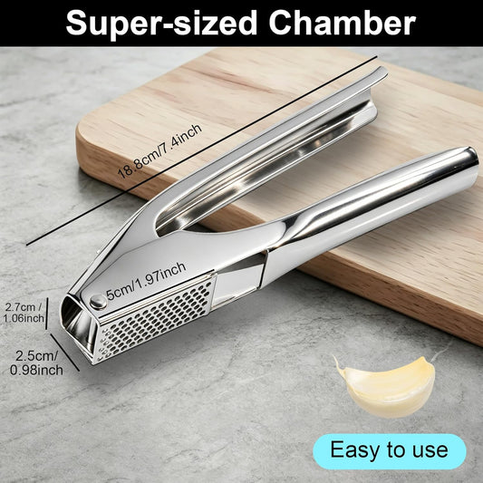 Garlic Press Stainless Steel, Garlic Mincer & Crusher with Peeler Tube and Cleaning Brush, Large Capacity Ergonomic Handle, No Need to Peel, Dishwasher Safe Garlic Press with Built-in Bottle Opener