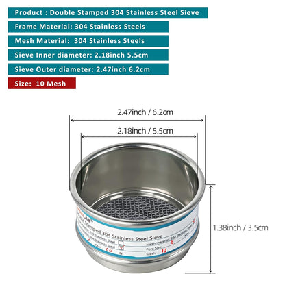 2.36" (6cm) Full 304 Stainless Steel Mini Lab Sieve, 40 Mesh (0.45mm)