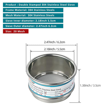2.36" (6cm) Full 304 Stainless Steel Mini Lab Sieve, 40 Mesh (0.45mm)