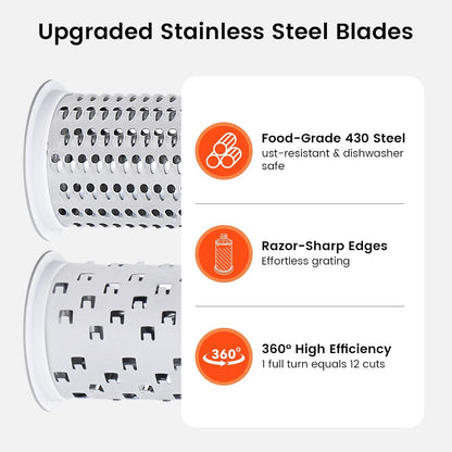 Rotary Cheese Grater Hand Crank, Parmesan Cheese Shredder Handheld with 2 Stainless Steel Drums for Hard Cheese, Chocolate and Nuts, Restaurant Quality, Dishwasher Safe
