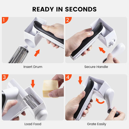 Rotary Cheese Grater Hand Crank, Parmesan Cheese Shredder Handheld with 2 Stainless Steel Drums for Hard Cheese, Chocolate and Nuts, Restaurant Quality, Dishwasher Safe