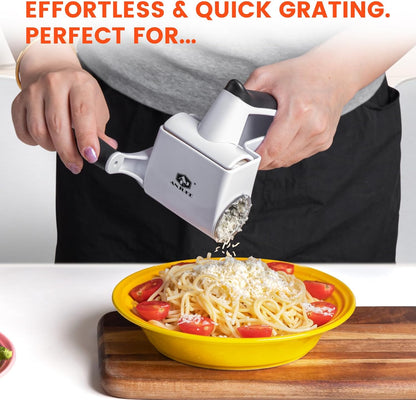 Rotary Cheese Grater Hand Crank, Parmesan Cheese Shredder Handheld with 2 Stainless Steel Drums for Hard Cheese, Chocolate and Nuts, Restaurant Quality, Dishwasher Safe