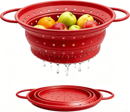 Collapsible Silicone Colander Strainer for Kitchen, Steel Rim Stable Foldable Strainer, BPA-Free Microplastic-Free,Heat-Resistant Steamer Basket, Stores Flat, Dishwasher Safe, Red
