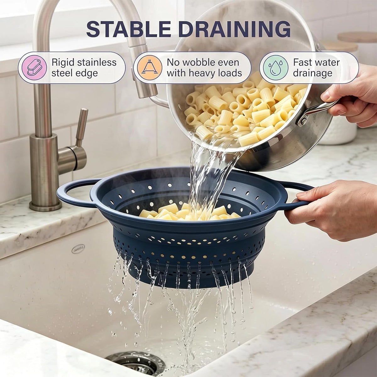 Collapsible Silicone Colander Strainer for Kitchen, Steel Rim Stable Foldable Strainer, BPA-Free Microplastic-Free,Heat-Resistant Steamer Basket, Stores Flat, Dishwasher Safe, Red