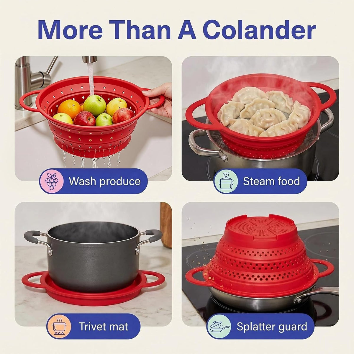 Collapsible Silicone Colander Strainer for Kitchen, Steel Rim Stable Foldable Strainer, BPA-Free Microplastic-Free,Heat-Resistant Steamer Basket, Stores Flat, Dishwasher Safe, Red