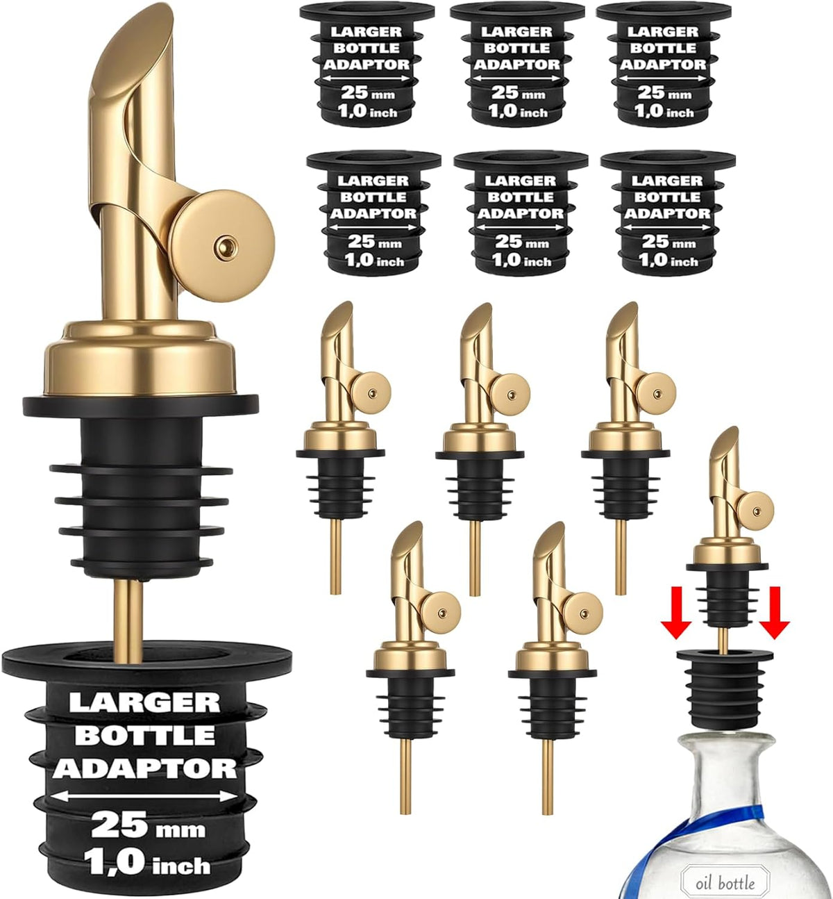 Olive Oil Pour Spout with Adapters, Oils Pourer for Olive Oil Dispenser Bottle, Easily Turn Your Bottles into Dispensers for Liquor,Oils,Bottle Pourers (Sliver, 3 Pack Pour +Adapters)