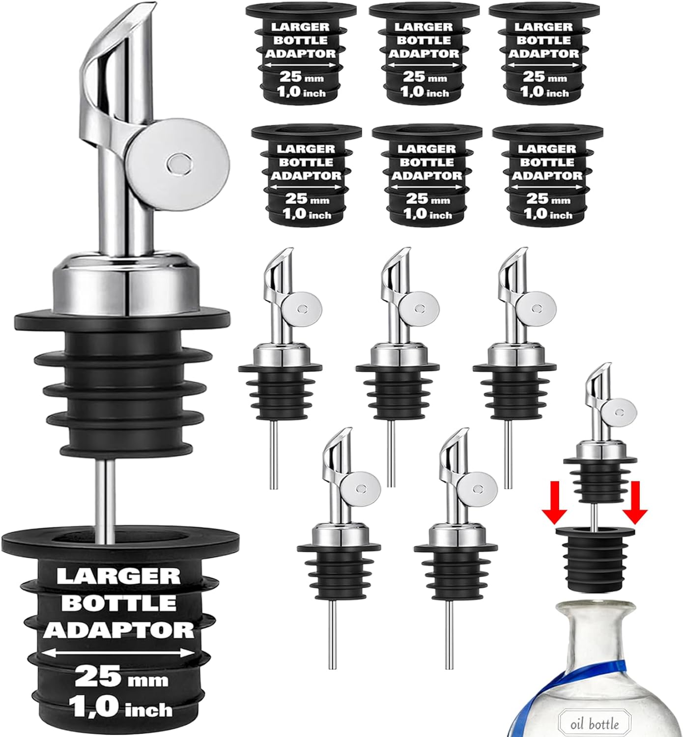 Olive Oil Pour Spout with Adapters, Oils Pourer for Olive Oil Dispenser Bottle, Easily Turn Your Bottles into Dispensers for Liquor,Oils,Bottle Pourers (Sliver, 3 Pack Pour +Adapters)
