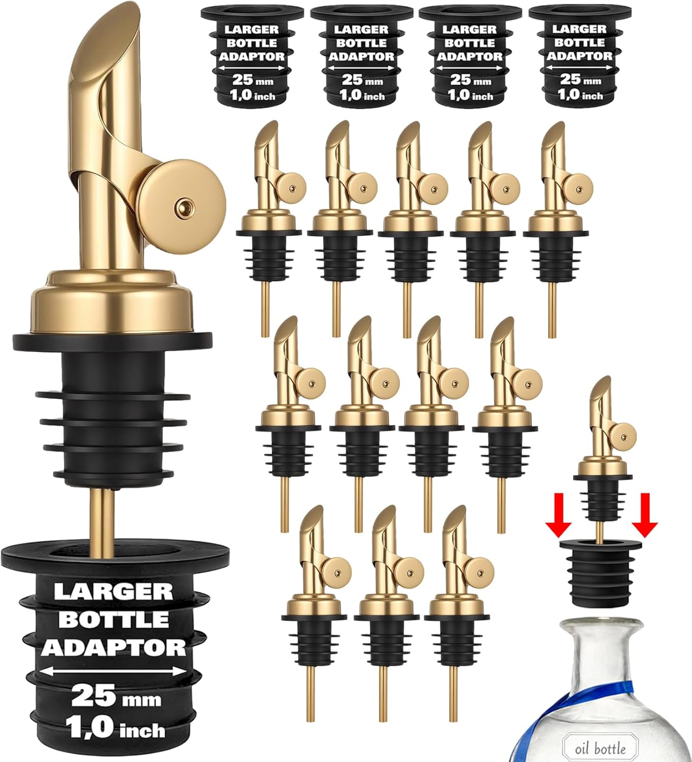 Olive Oil Pour Spout with Adapters, Oils Pourer for Olive Oil Dispenser Bottle, Easily Turn Your Bottles into Dispensers for Liquor,Oils,Bottle Pourers (Sliver, 3 Pack Pour +Adapters)