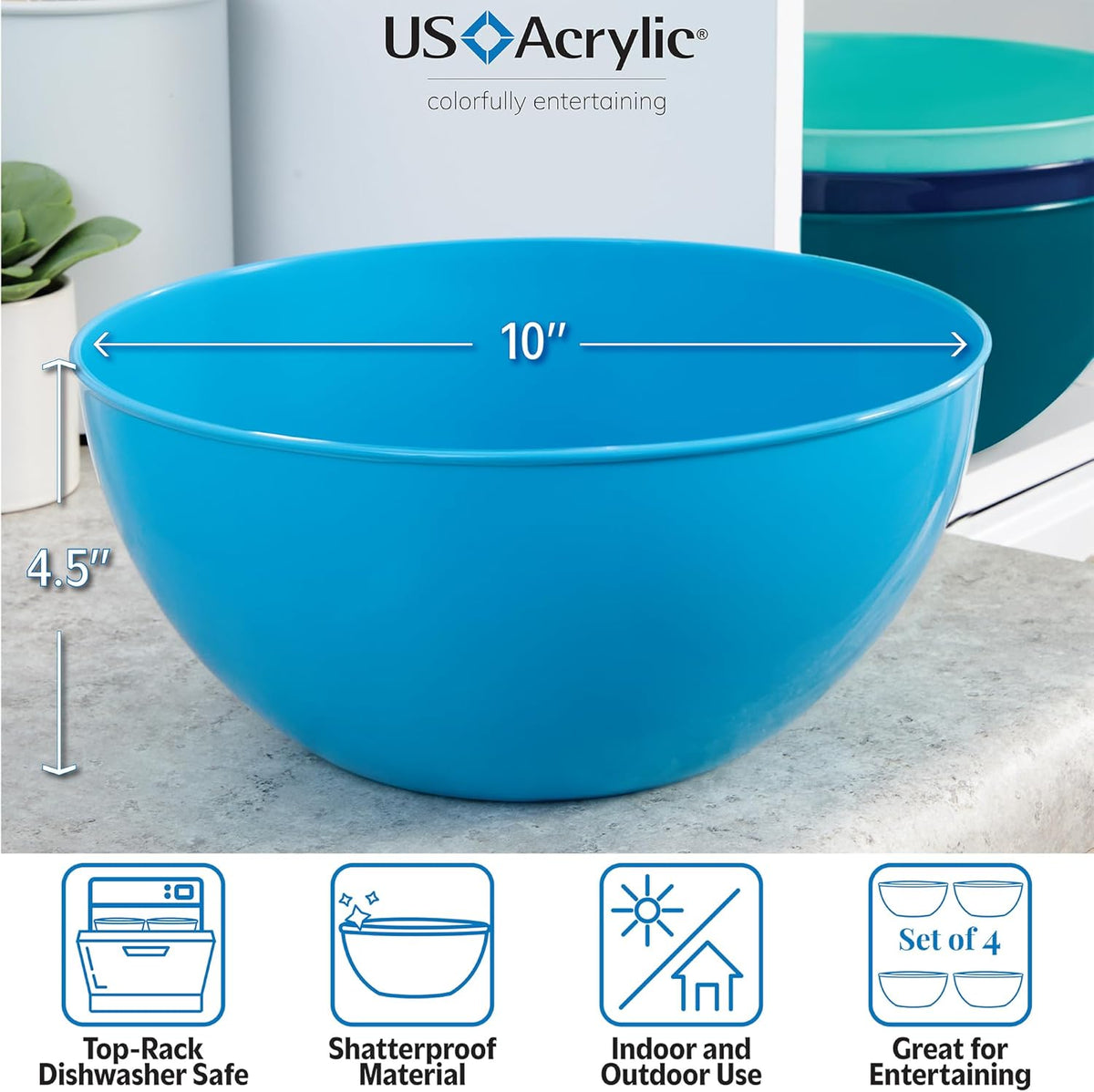 Vista Durable Plastic Salad and Serving 10-inch Bowls | Set of 4 in Coastal Colors | Reusable, BPA-free, Made in the USA | 135 oz. capacity