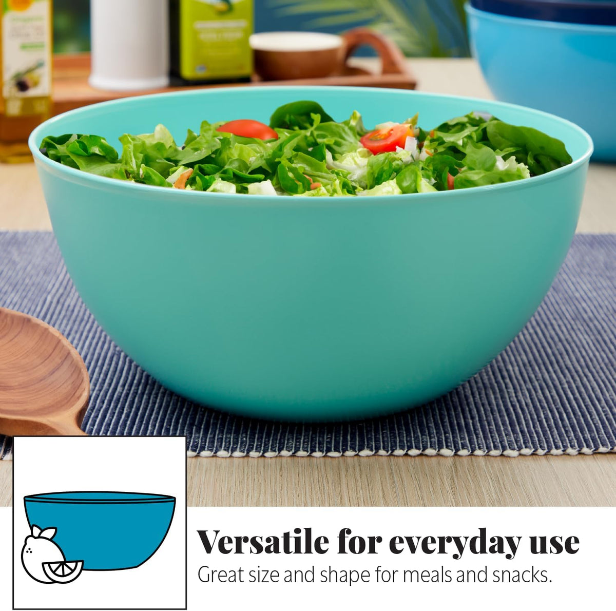 Vista Durable Plastic Salad and Serving 10-inch Bowls | Set of 4 in Coastal Colors | Reusable, BPA-free, Made in the USA | 135 oz. capacity