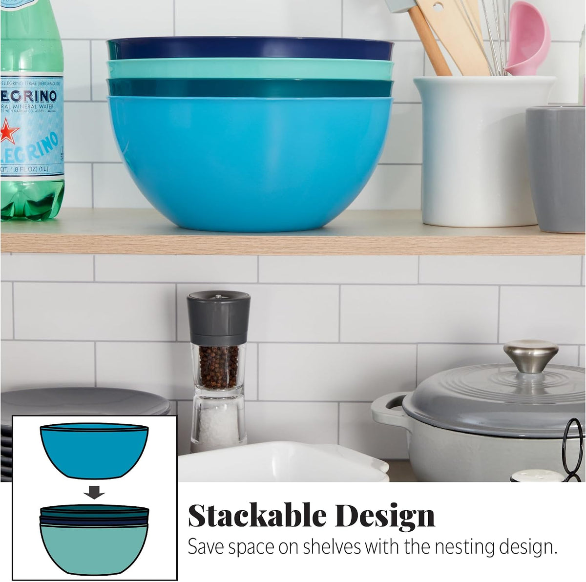 Vista Durable Plastic Salad and Serving 10-inch Bowls | Set of 4 in Coastal Colors | Reusable, BPA-free, Made in the USA | 135 oz. capacity