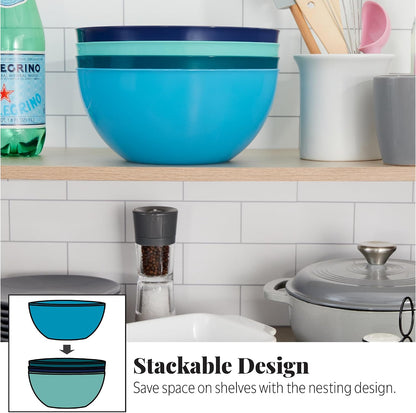Vista Durable Plastic Salad and Serving 10-inch Bowls | Set of 4 in Coastal Colors | Reusable, BPA-free, Made in the USA | 135 oz. capacity