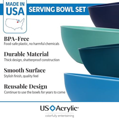 Vista Durable Plastic Salad and Serving 10-inch Bowls | Set of 4 in Coastal Colors | Reusable, BPA-free, Made in the USA | 135 oz. capacity