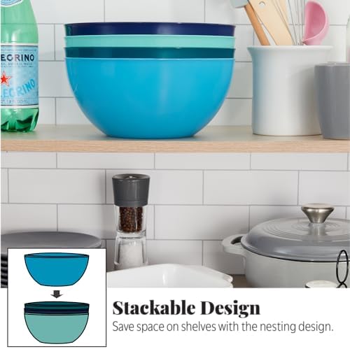 Vista Durable Plastic Salad and Serving 10-inch Bowls | Set of 4 in Coastal Colors | Reusable, BPA-free, Made in the USA | 135 oz. capacity