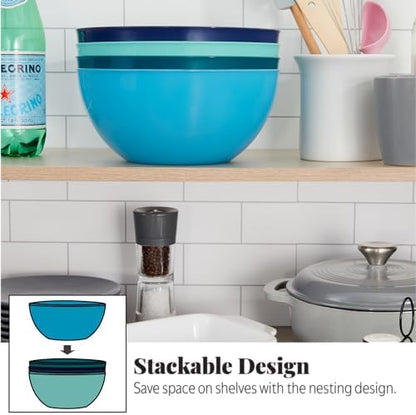 Vista Durable Plastic Salad and Serving 10-inch Bowls | Set of 4 in Coastal Colors | Reusable, BPA-free, Made in the USA | 135 oz. capacity