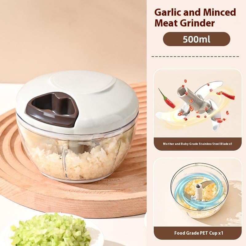 Food Chopper Hand Pull String Vegetable Cutter Onions Garlic Chopper Portable Food Mincer for Garlic Ginger Herbs Nuts Durable Kitchen Food Processor (500 ML)