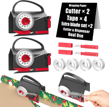 Wrapping Paper Cutter(2-Pack) & Tape Dispenser Dual Use with 4 Tapes for Christmas Gift Wrap Cutter Tool Paper Roll Holder Tube Sliding Slicing for Birthday Holiday.