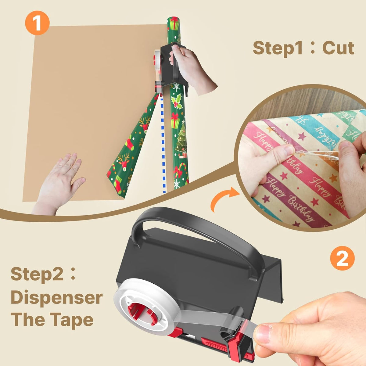 Wrapping Paper Cutter(2-Pack) & Tape Dispenser Dual Use with 4 Tapes for Christmas Gift Wrap Cutter Tool Paper Roll Holder Tube Sliding Slicing for Birthday Holiday.