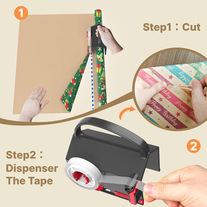 Wrapping Paper Cutter(2-Pack) & Tape Dispenser Dual Use with 4 Tapes for Christmas Gift Wrap Cutter Tool Paper Roll Holder Tube Sliding Slicing for Birthday Holiday.