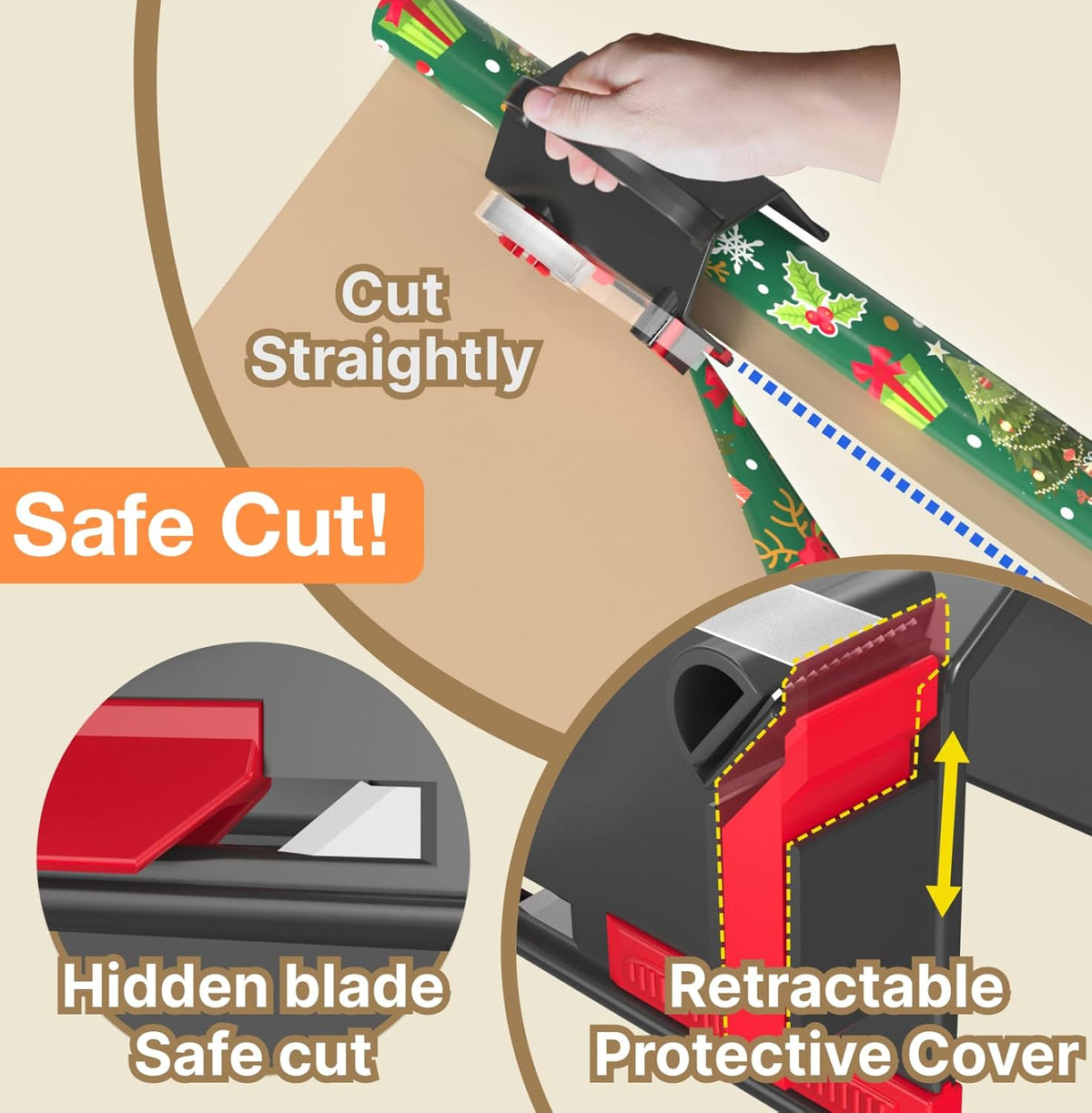 Wrapping Paper Cutter(2-Pack) & Tape Dispenser Dual Use with 4 Tapes for Christmas Gift Wrap Cutter Tool Paper Roll Holder Tube Sliding Slicing for Birthday Holiday.