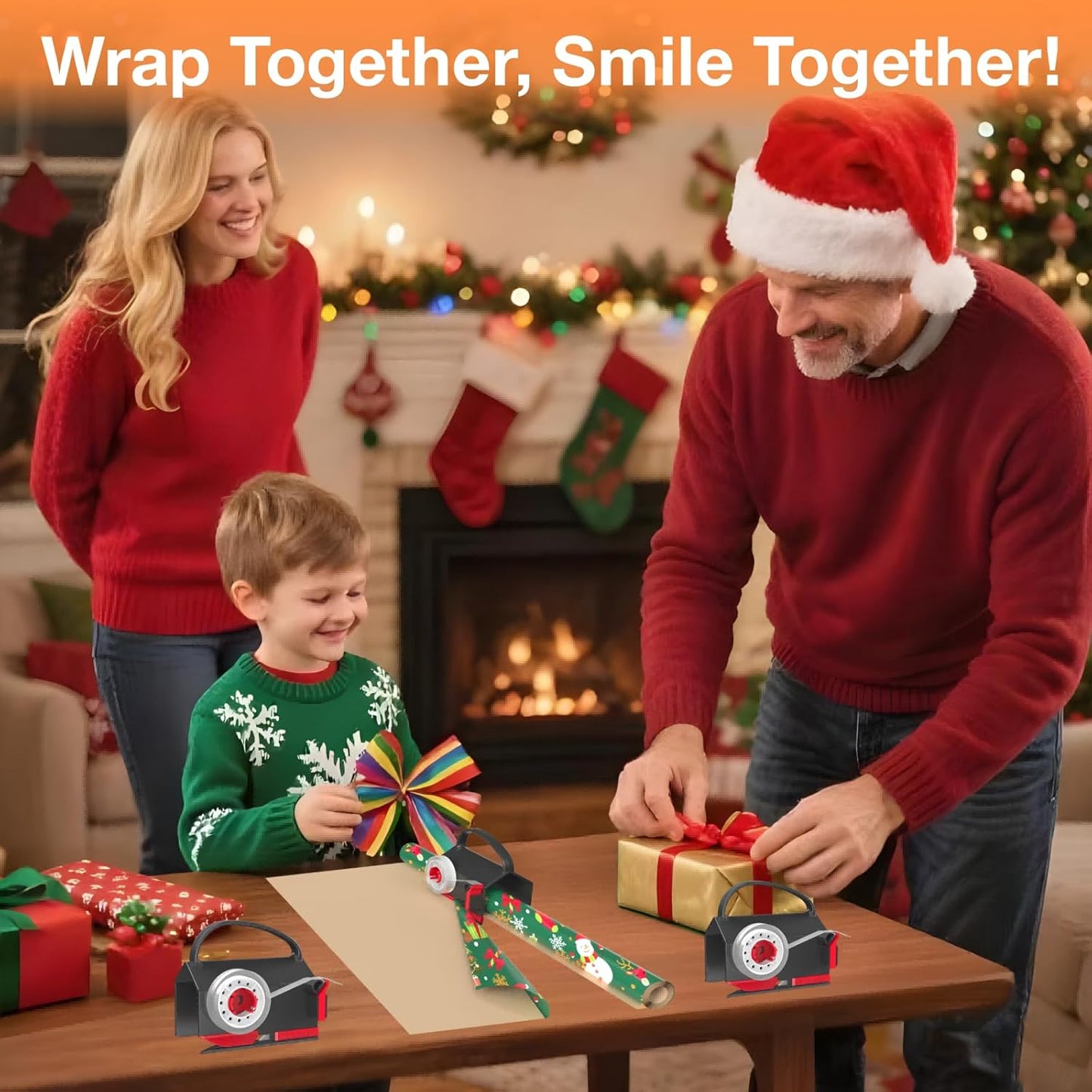 Wrapping Paper Cutter(2-Pack) & Tape Dispenser Dual Use with 4 Tapes for Christmas Gift Wrap Cutter Tool Paper Roll Holder Tube Sliding Slicing for Birthday Holiday.