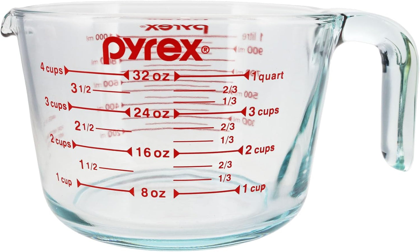4-Cup Glass Measuring Cup - Made in USA | Tempered Glass Construction | 4-Cup Capacity | Red Measurement Markings | 32oz Volume | Easy-Pour Spout | Ergonomic Handle