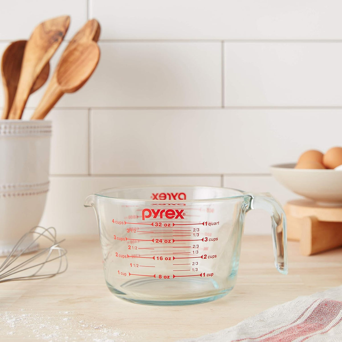 4-Cup Glass Measuring Cup - Made in USA | Tempered Glass Construction | 4-Cup Capacity | Red Measurement Markings | 32oz Volume | Easy-Pour Spout | Ergonomic Handle