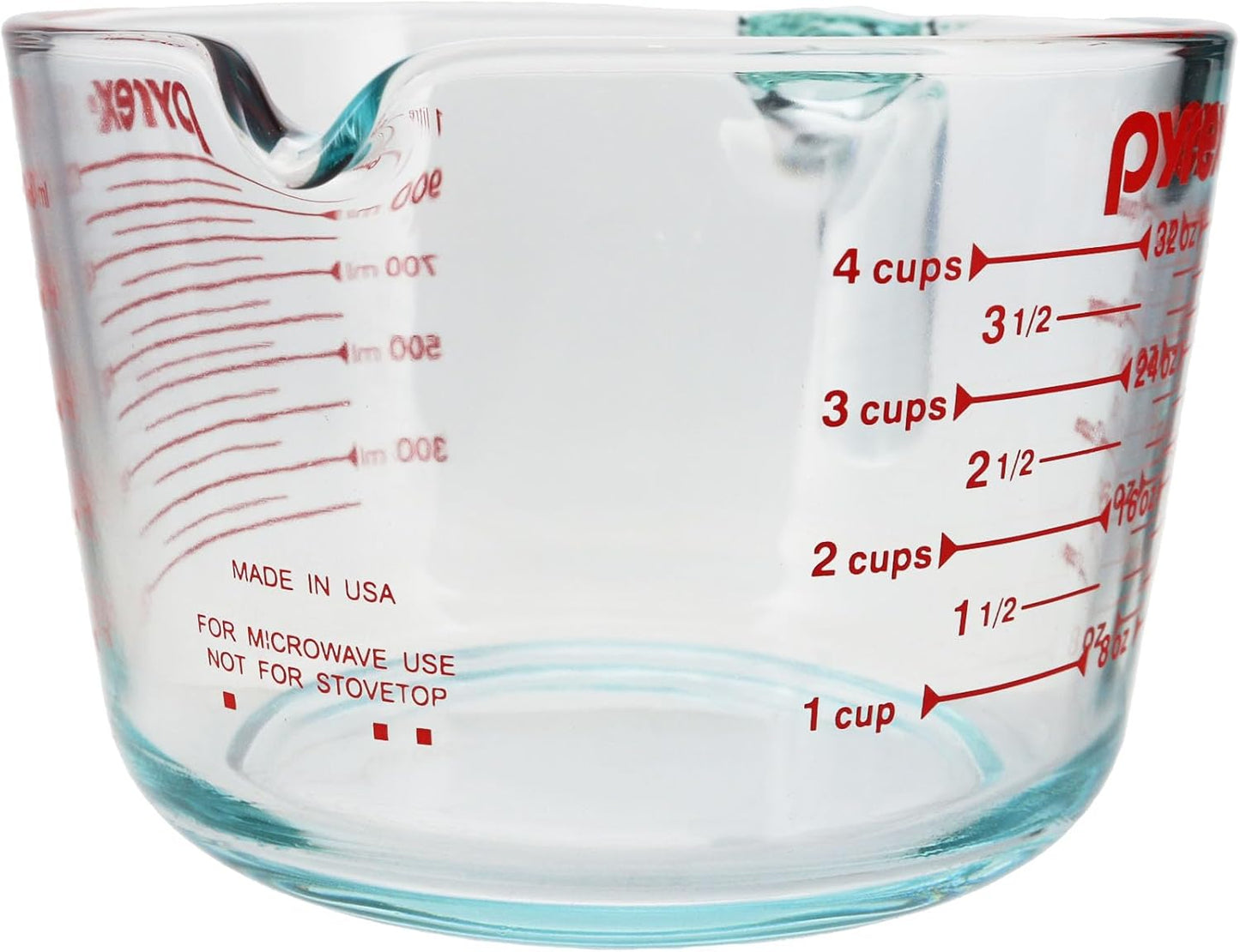 4-Cup Glass Measuring Cup - Made in USA | Tempered Glass Construction | 4-Cup Capacity | Red Measurement Markings | 32oz Volume | Easy-Pour Spout | Ergonomic Handle