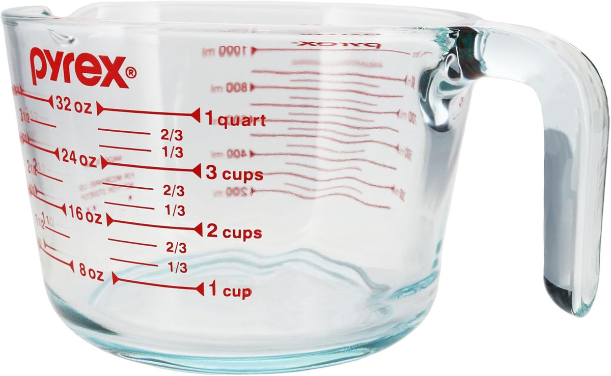 4-Cup Glass Measuring Cup - Made in USA | Tempered Glass Construction | 4-Cup Capacity | Red Measurement Markings | 32oz Volume | Easy-Pour Spout | Ergonomic Handle