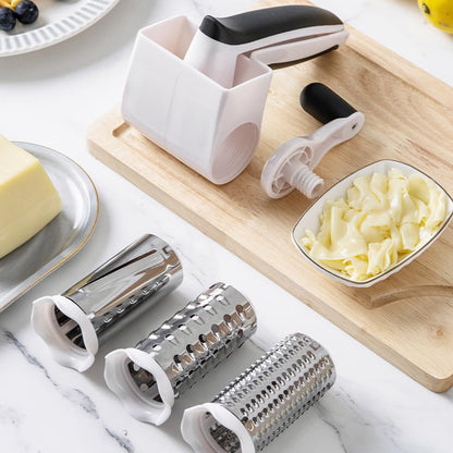 Classic Rotary Cheese Grater with Handle, 3-in-1 Handheld Cheese Grater with 3 Stainless Steel Graters Barrels, Multifunctional Grater for Cheese Garlic Parmesan Ginger Vegetable Carrot Potato, White