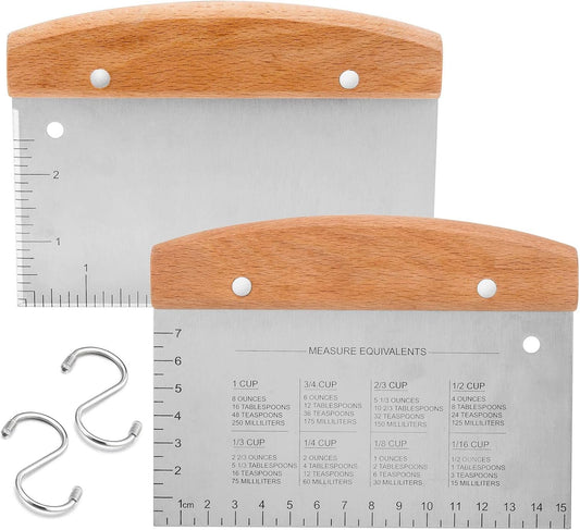Bench Scraper Set of 2, Metal Dough Scraper Cutter Pastry Chopper with Wooden Handle, Heavy Duty Stainless Steel Griddle Scraper with Measuring Marks for Cooking Baking Grilling