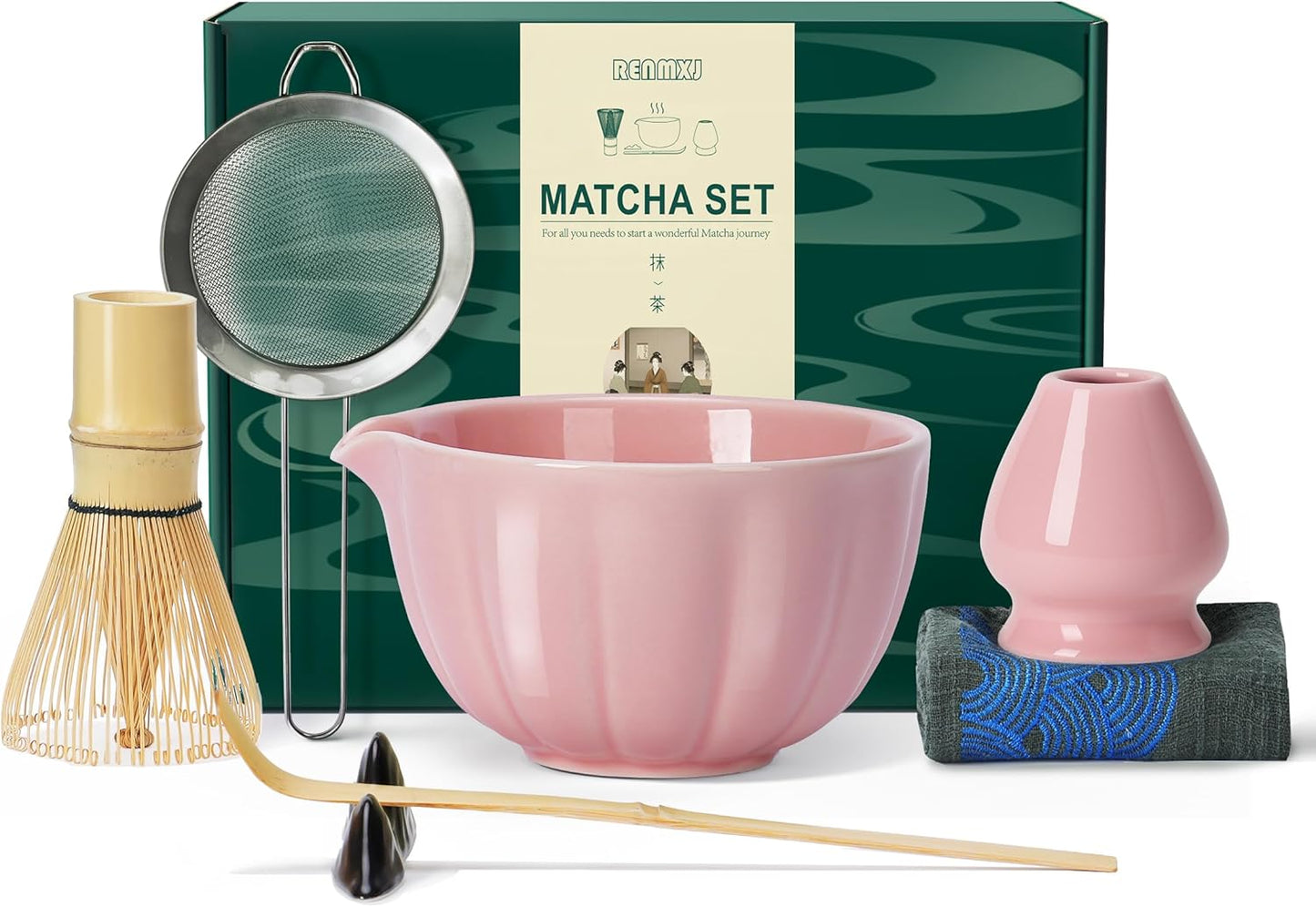 Matcha Whisk Set,7 PCS Ceramic Matcha Kit Includes Matcha Bowl with Spout, Matcha Whisk and Holder, Bamboo Scoop, Stainless Sifter, Tea Towel, Unique Gift for Matcha Lovers (Pink)