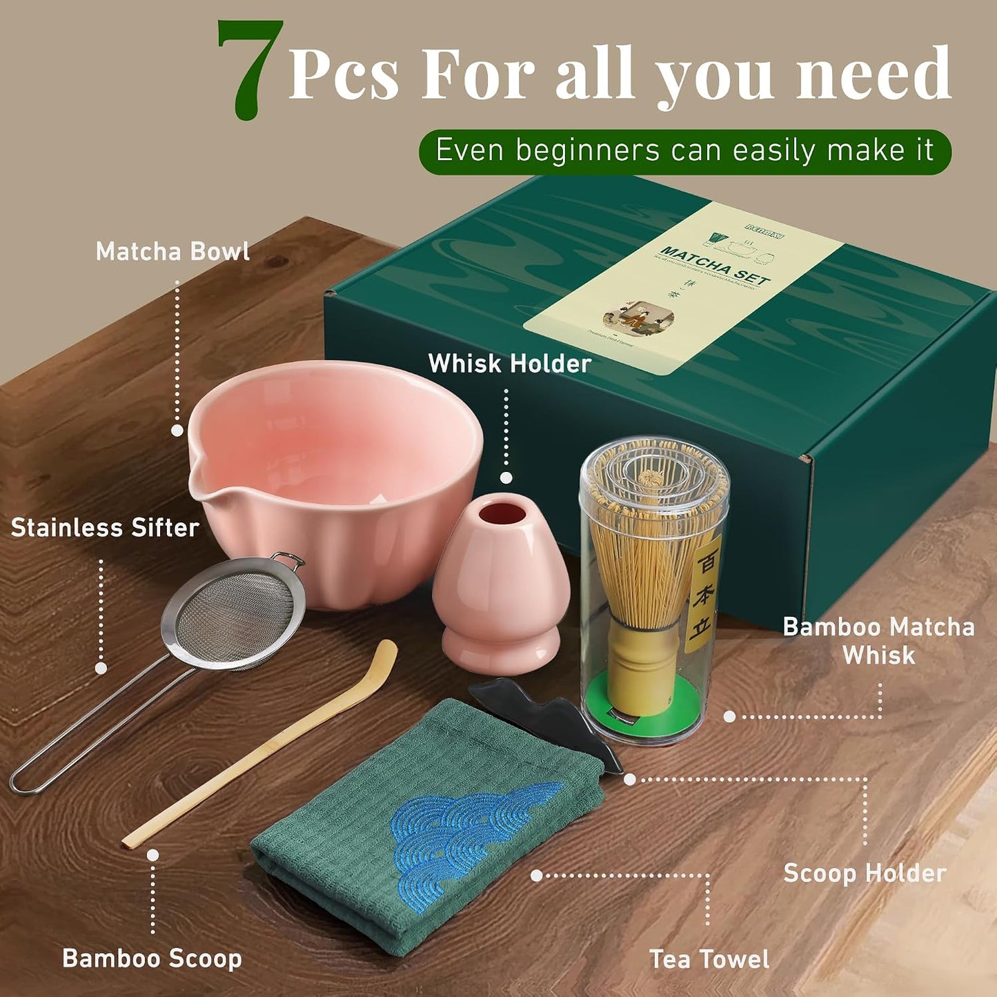 Matcha Whisk Set,7 PCS Ceramic Matcha Kit Includes Matcha Bowl with Spout, Matcha Whisk and Holder, Bamboo Scoop, Stainless Sifter, Tea Towel, Unique Gift for Matcha Lovers (Pink)