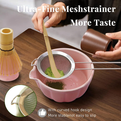 Matcha Whisk Set,7 PCS Ceramic Matcha Kit Includes Matcha Bowl with Spout, Matcha Whisk and Holder, Bamboo Scoop, Stainless Sifter, Tea Towel, Unique Gift for Matcha Lovers (Pink)