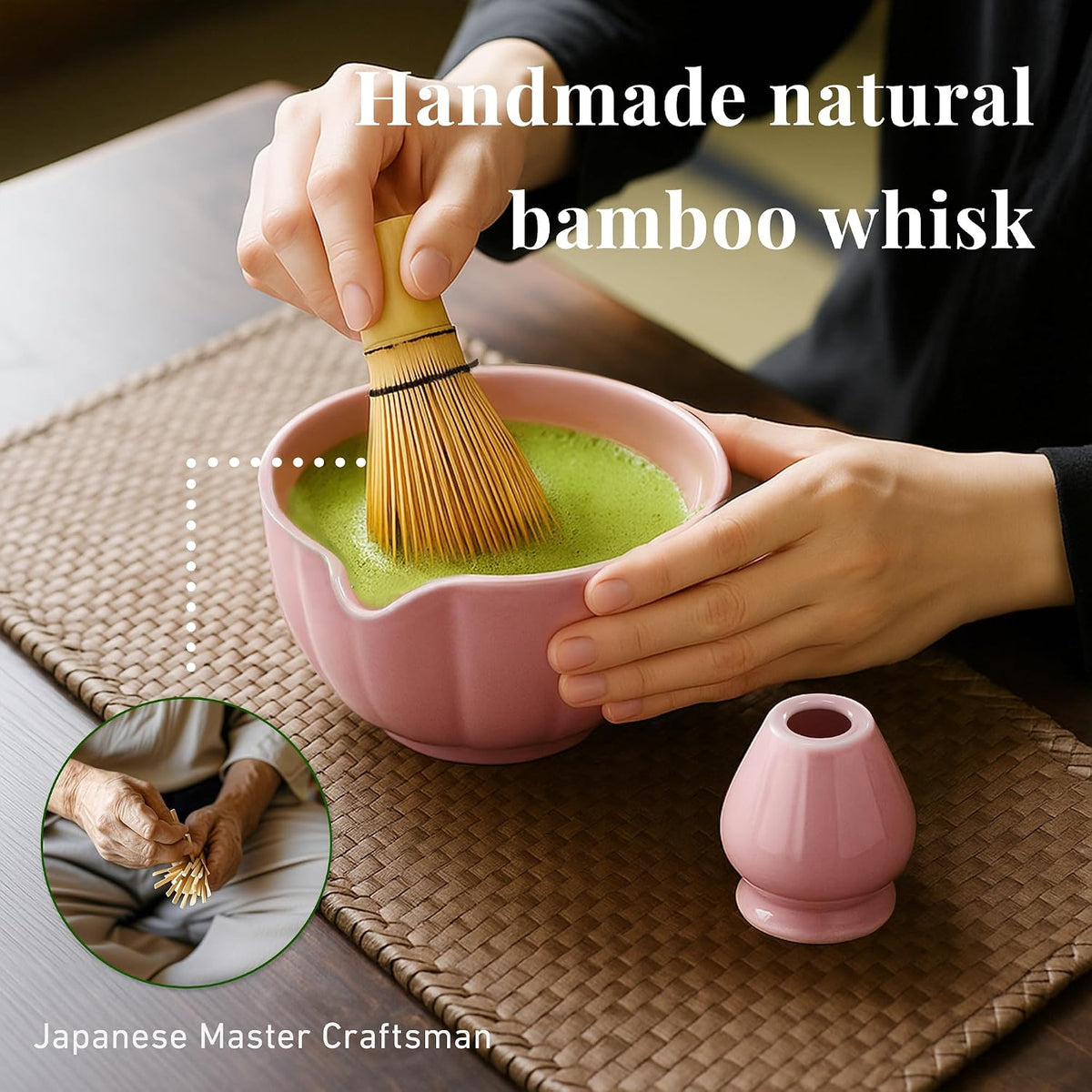 Matcha Whisk Set,7 PCS Ceramic Matcha Kit Includes Matcha Bowl with Spout, Matcha Whisk and Holder, Bamboo Scoop, Stainless Sifter, Tea Towel, Unique Gift for Matcha Lovers (Pink)