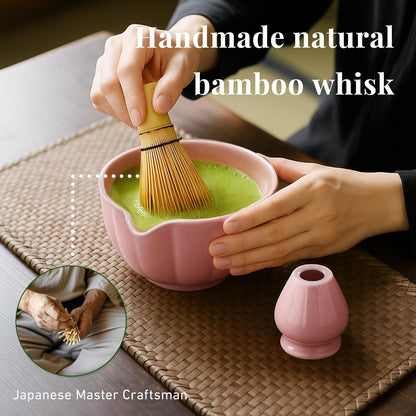 Matcha Whisk Set,7 PCS Ceramic Matcha Kit Includes Matcha Bowl with Spout, Matcha Whisk and Holder, Bamboo Scoop, Stainless Sifter, Tea Towel, Unique Gift for Matcha Lovers (Pink)