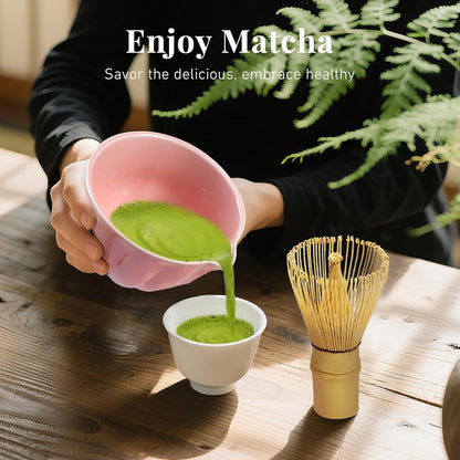 Matcha Whisk Set,7 PCS Ceramic Matcha Kit Includes Matcha Bowl with Spout, Matcha Whisk and Holder, Bamboo Scoop, Stainless Sifter, Tea Towel, Unique Gift for Matcha Lovers (Pink)