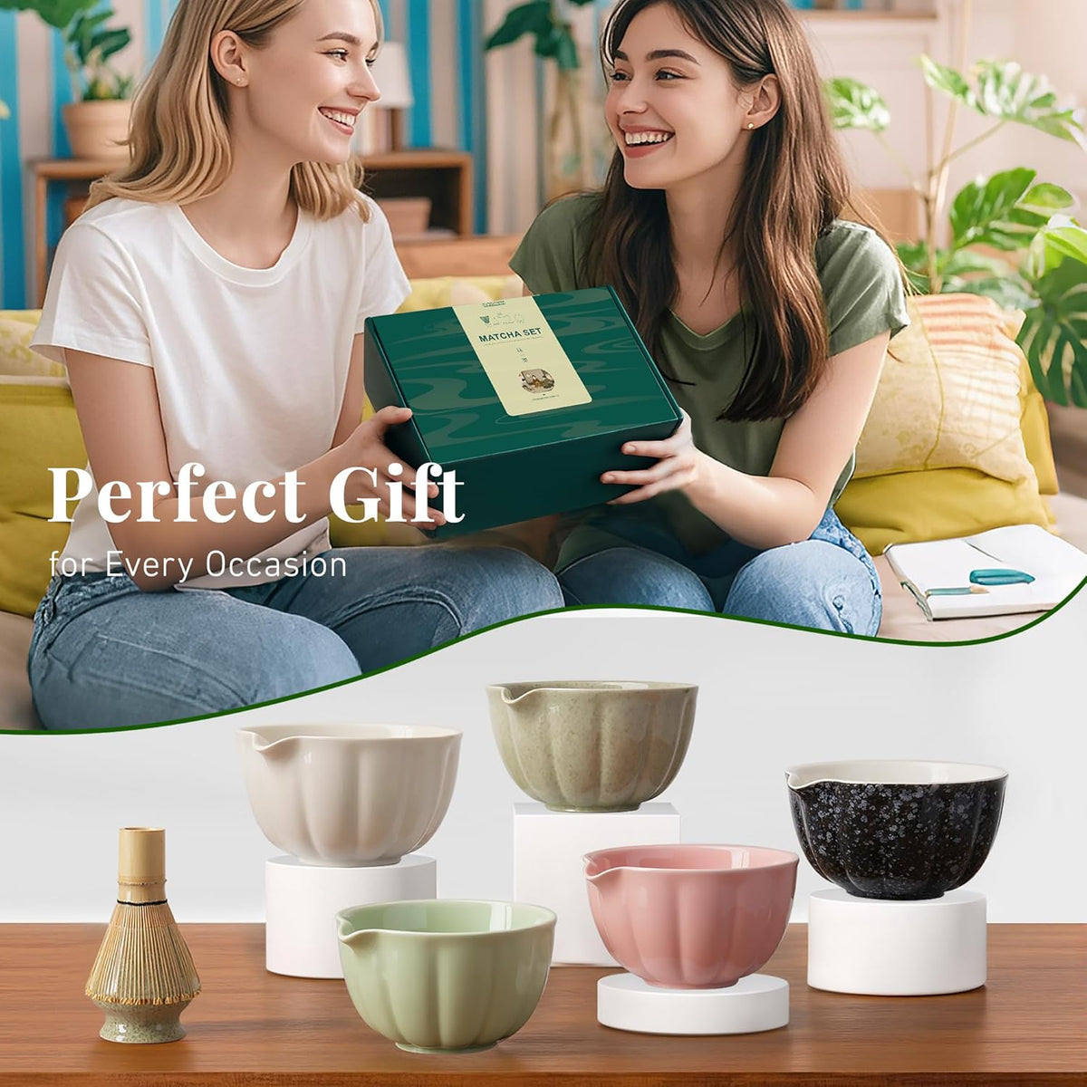 Matcha Whisk Set,7 PCS Ceramic Matcha Kit Includes Matcha Bowl with Spout, Matcha Whisk and Holder, Bamboo Scoop, Stainless Sifter, Tea Towel, Unique Gift for Matcha Lovers (Pink)