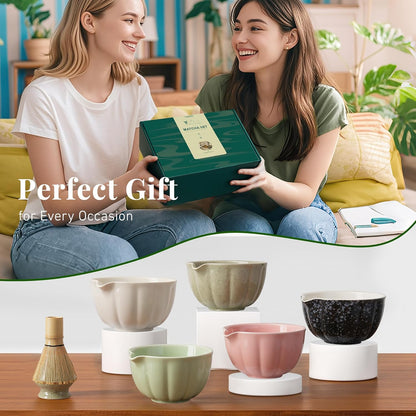 Matcha Whisk Set,7 PCS Ceramic Matcha Kit Includes Matcha Bowl with Spout, Matcha Whisk and Holder, Bamboo Scoop, Stainless Sifter, Tea Towel, Unique Gift for Matcha Lovers (Pink)