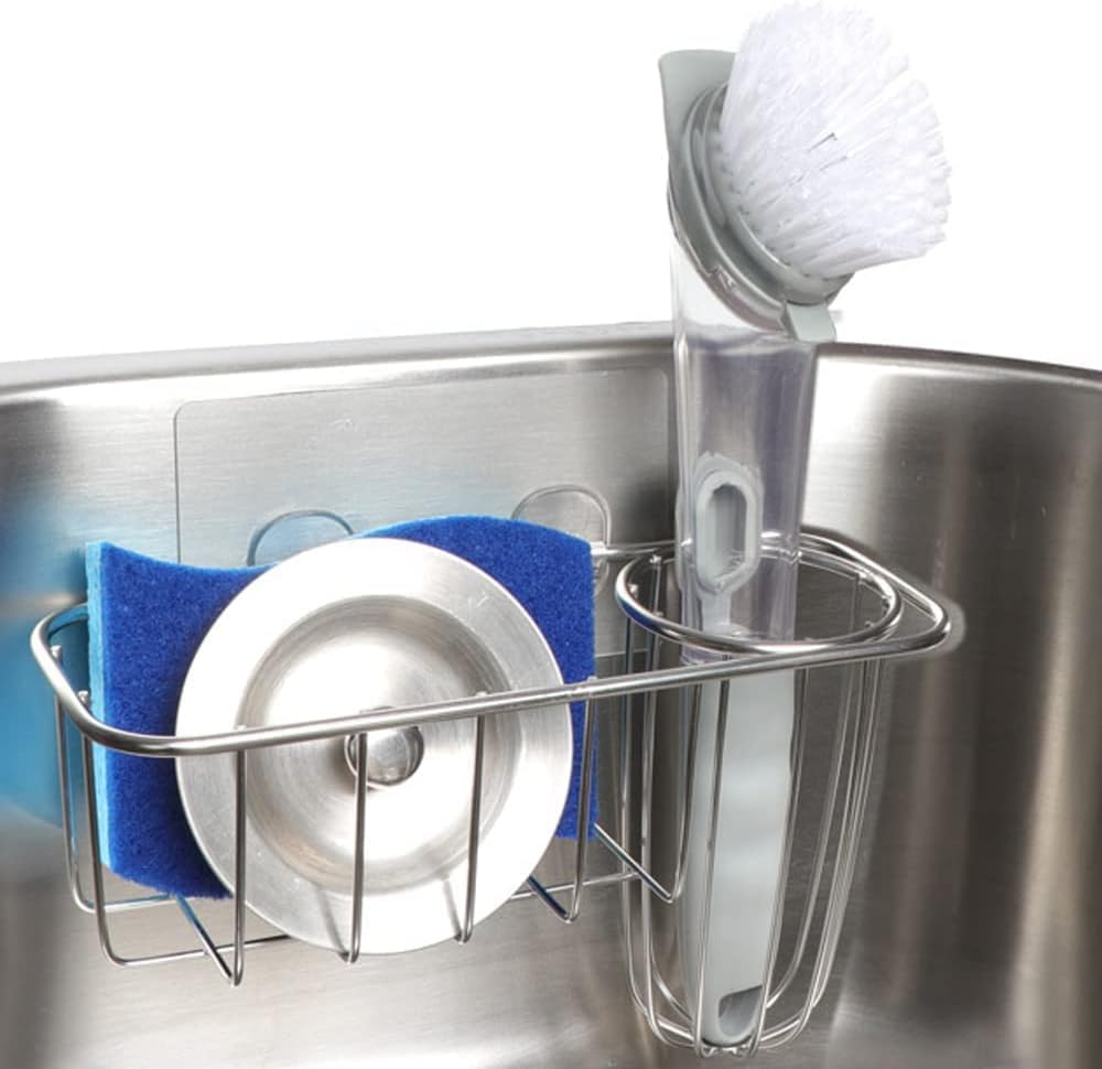 Kitchen Sponge Holder, Stainless Steel Sink Caddy with Brush Holder | No-Drill Setup, In-Sink Adhesive Mount, Open Grid Drainage, Sink Strainer, Soap and Scrubber Storage, Rust-Resistant