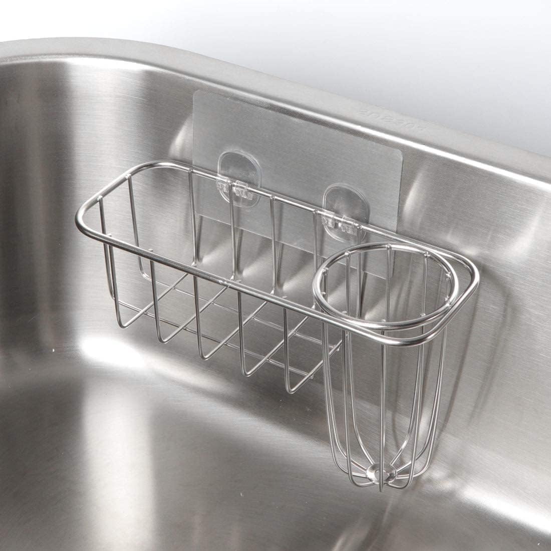 Kitchen Sponge Holder, Stainless Steel Sink Caddy with Brush Holder | No-Drill Setup, In-Sink Adhesive Mount, Open Grid Drainage, Sink Strainer, Soap and Scrubber Storage, Rust-Resistant