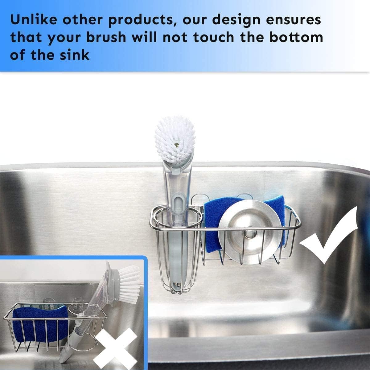 Kitchen Sponge Holder, Stainless Steel Sink Caddy with Brush Holder | No-Drill Setup, In-Sink Adhesive Mount, Open Grid Drainage, Sink Strainer, Soap and Scrubber Storage, Rust-Resistant