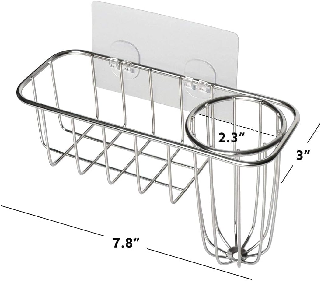 Kitchen Sponge Holder, Stainless Steel Sink Caddy with Brush Holder | No-Drill Setup, In-Sink Adhesive Mount, Open Grid Drainage, Sink Strainer, Soap and Scrubber Storage, Rust-Resistant