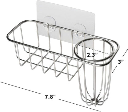 Kitchen Sponge Holder, Stainless Steel Sink Caddy with Brush Holder | No-Drill Setup, In-Sink Adhesive Mount, Open Grid Drainage, Sink Strainer, Soap and Scrubber Storage, Rust-Resistant