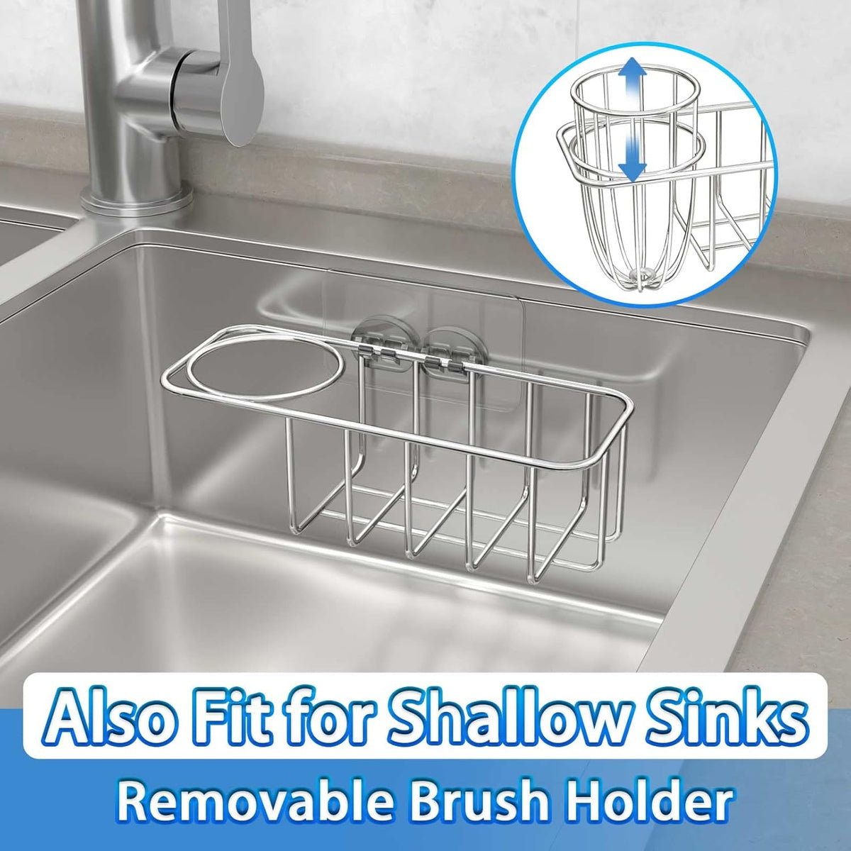Kitchen Sponge Holder, Stainless Steel Sink Caddy with Brush Holder | No-Drill Setup, In-Sink Adhesive Mount, Open Grid Drainage, Sink Strainer, Soap and Scrubber Storage, Rust-Resistant
