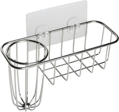 Kitchen Sponge Holder, Stainless Steel Sink Caddy with Brush Holder | No-Drill Setup, In-Sink Adhesive Mount, Open Grid Drainage, Sink Strainer, Soap and Scrubber Storage, Rust-Resistant